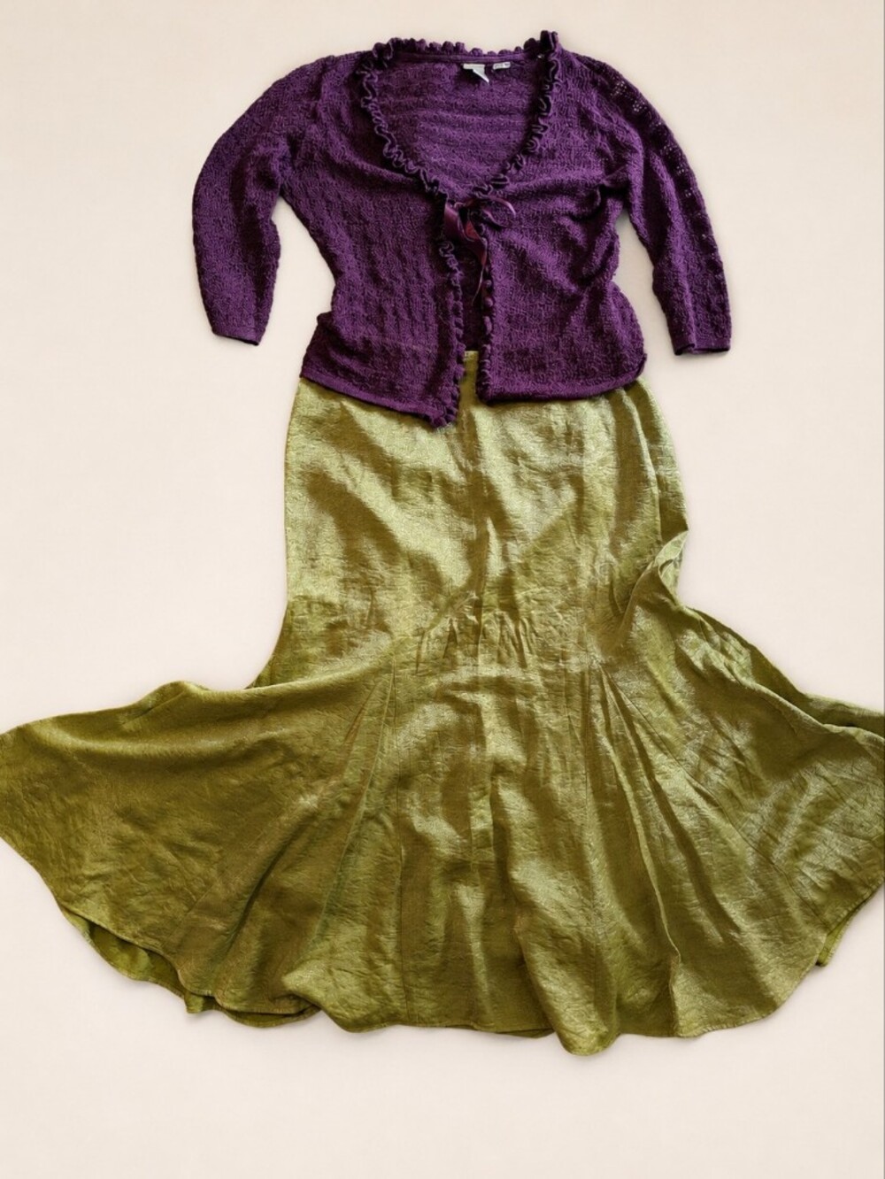 Green Shimmery Fit And Flaire Whimsigoth Midi Skirt